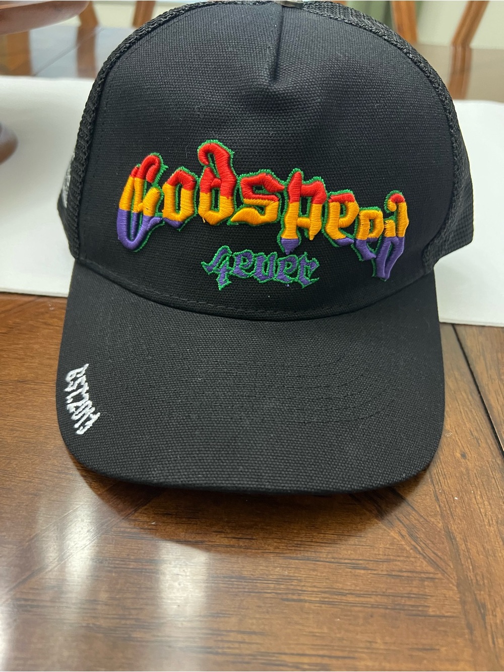Black Trucker Cap with Multicolor Embroidered Script